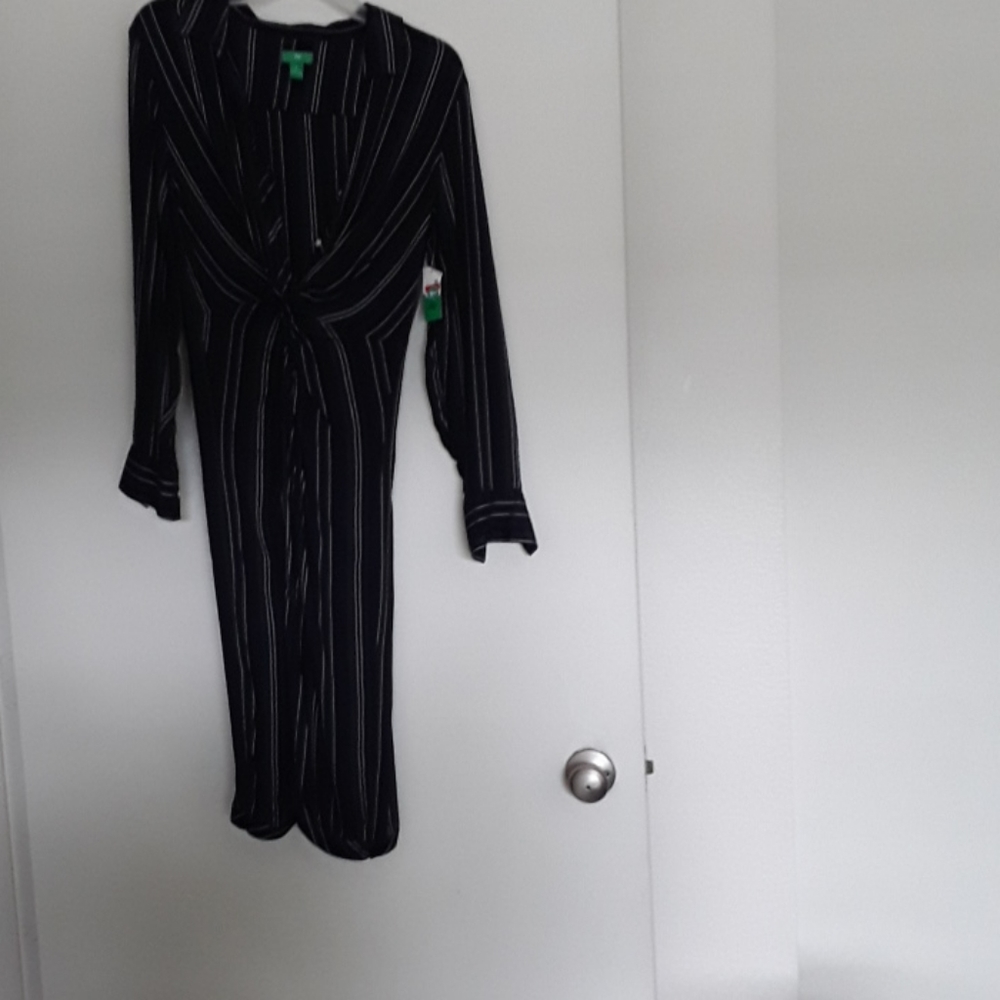 Dip navy blue, white and green stripped dress